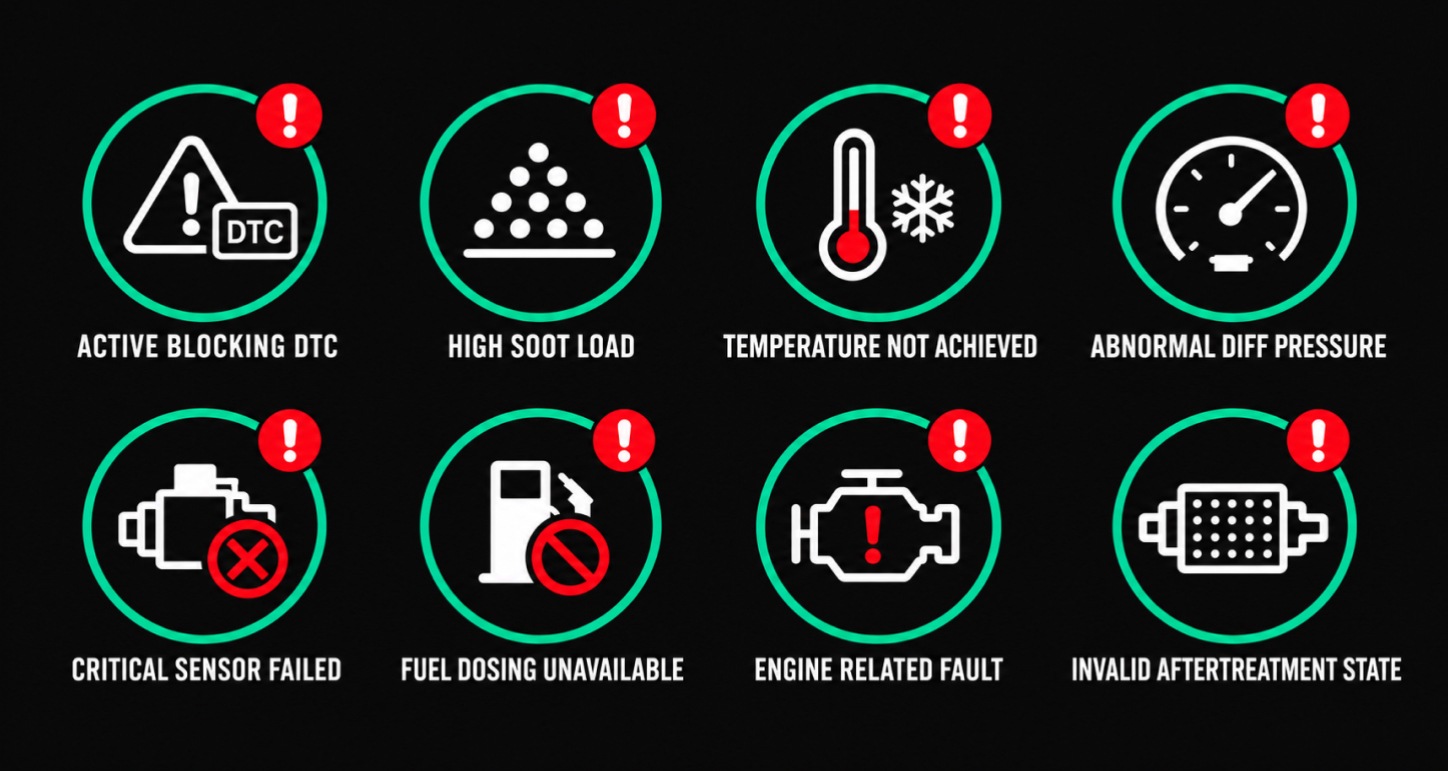Eight conditions that can prevent a truck’s ECM from allowing a forced DPF regeneration, including active fault codes, high soot load, and sensor failure.