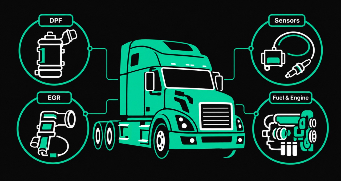 Green semi-truck surrounded by DPF, EGR, sensor, and fuel system icons representing possible causes of a denied regen.