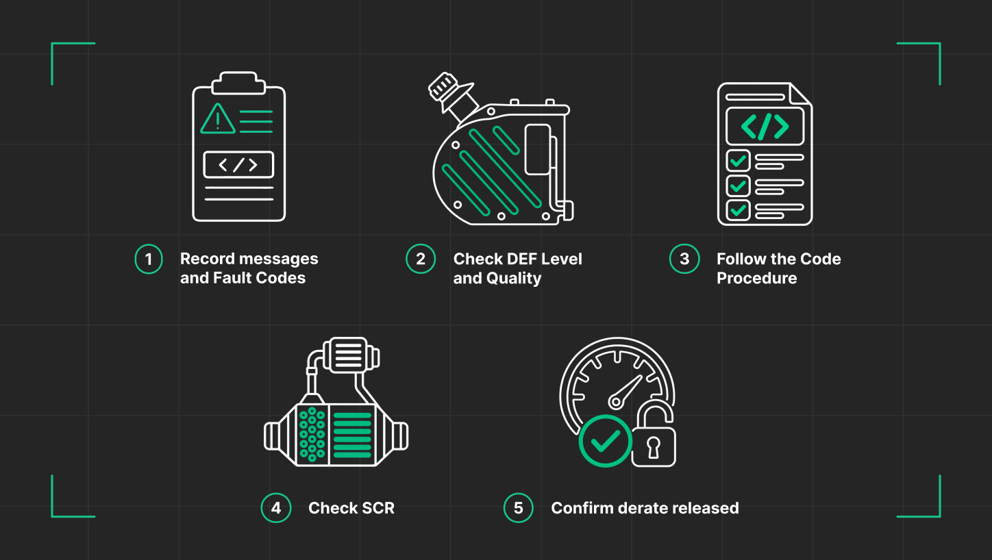 DEF Diagnostic Checks Before Replacing Parts Five-step DEF diagnostic checklist covering fault records, fluid checks, code procedures, SCR checks, and derate recovery.