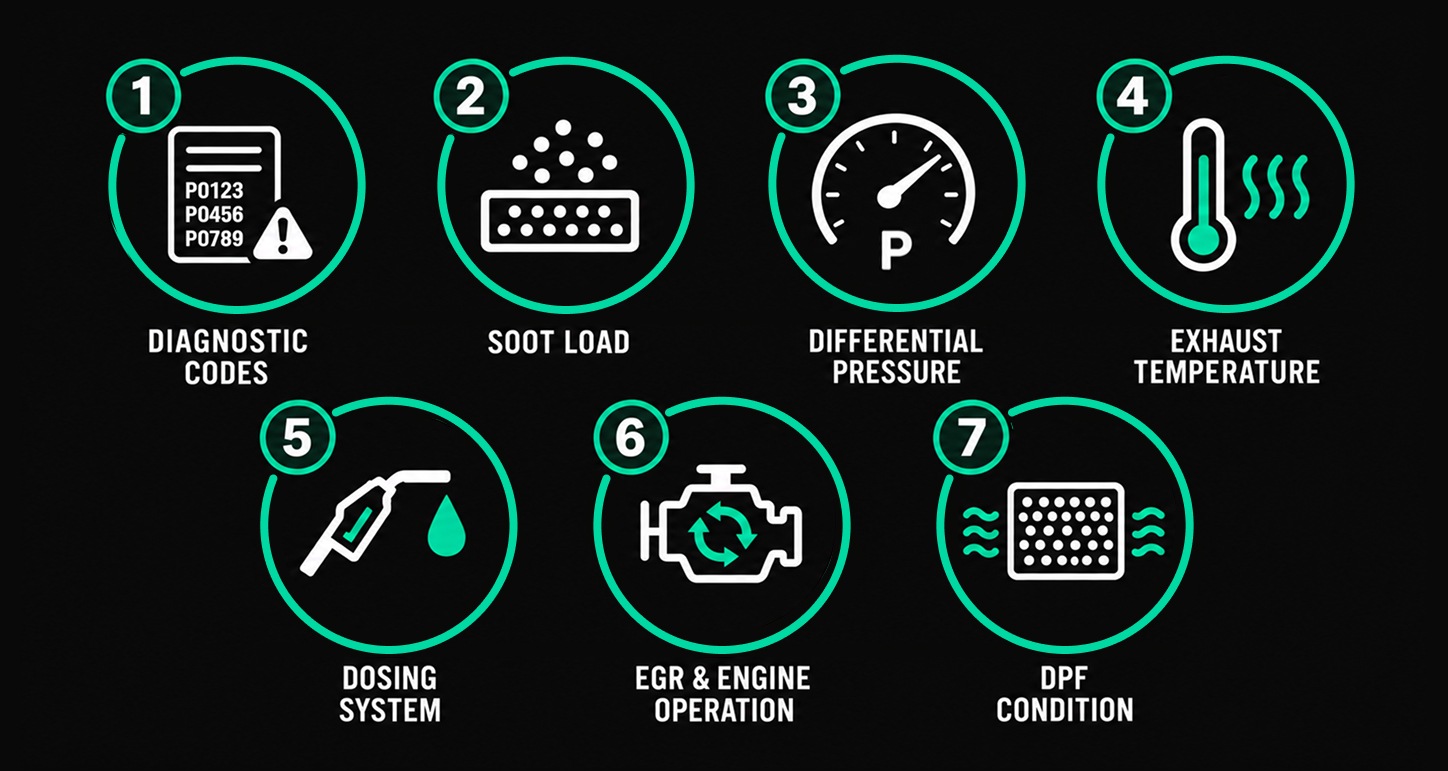 Seven-item checklist covering diagnostic codes, soot load, differential pressure, exhaust temperature, fuel dosing, EGR and engine operation, and DPF condition.